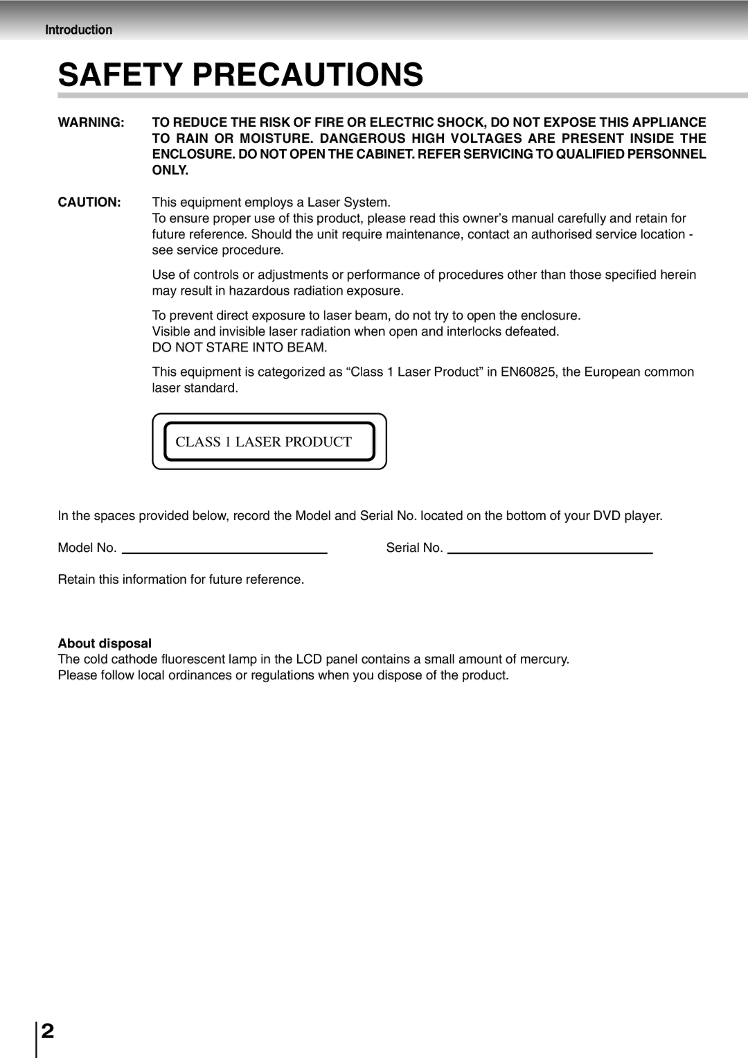 Toshiba SD-P2800SE owner manual Introduction, About disposal 