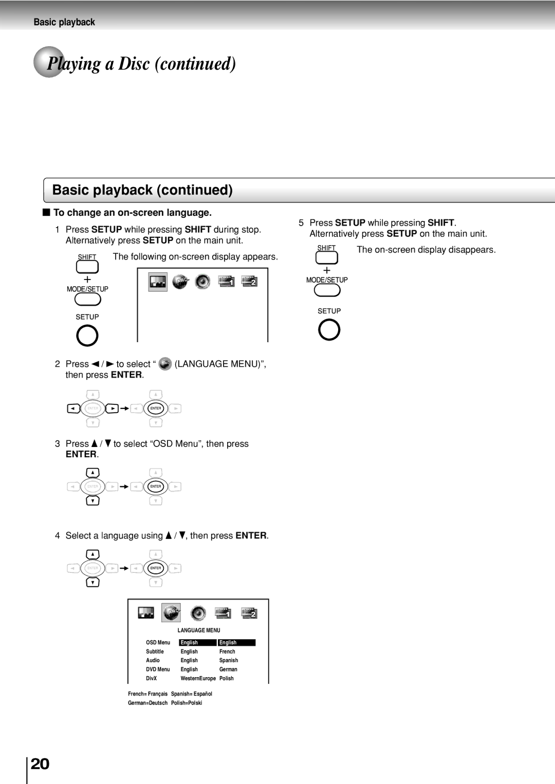 Toshiba SD-P2800SE owner manual Basic playback, To change an on-screen language, Language Menu 