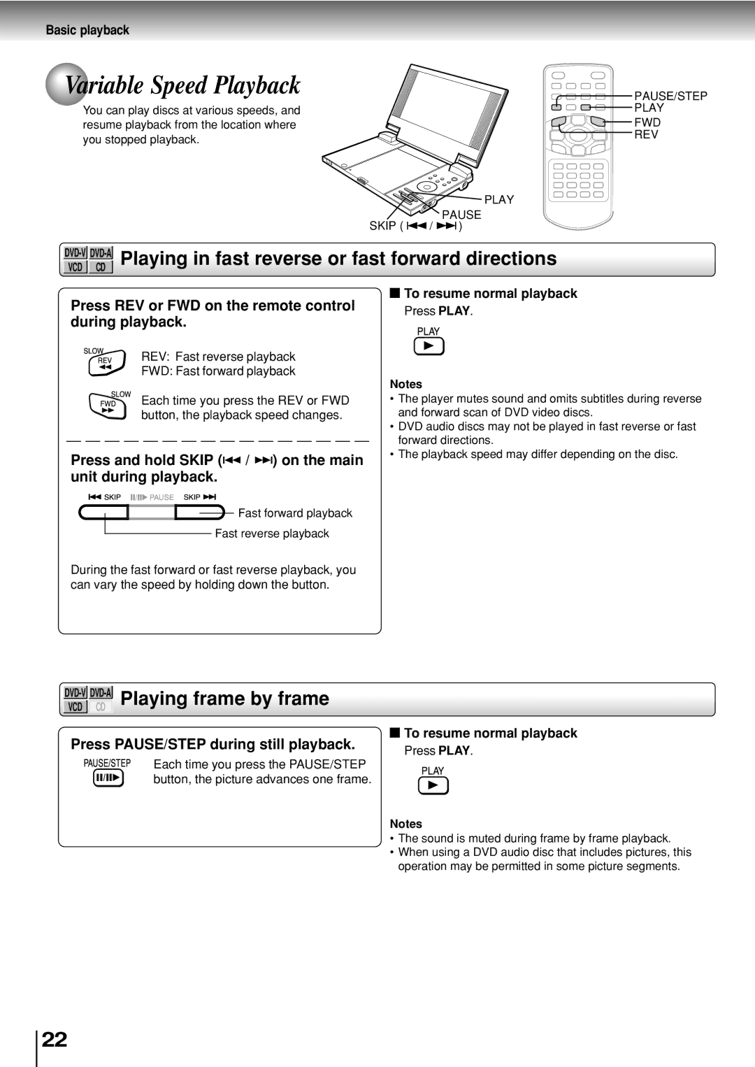 Toshiba SD-P2800SE owner manual Variable Speed Playback, DVD-VDVD-APlaying frame by frame 