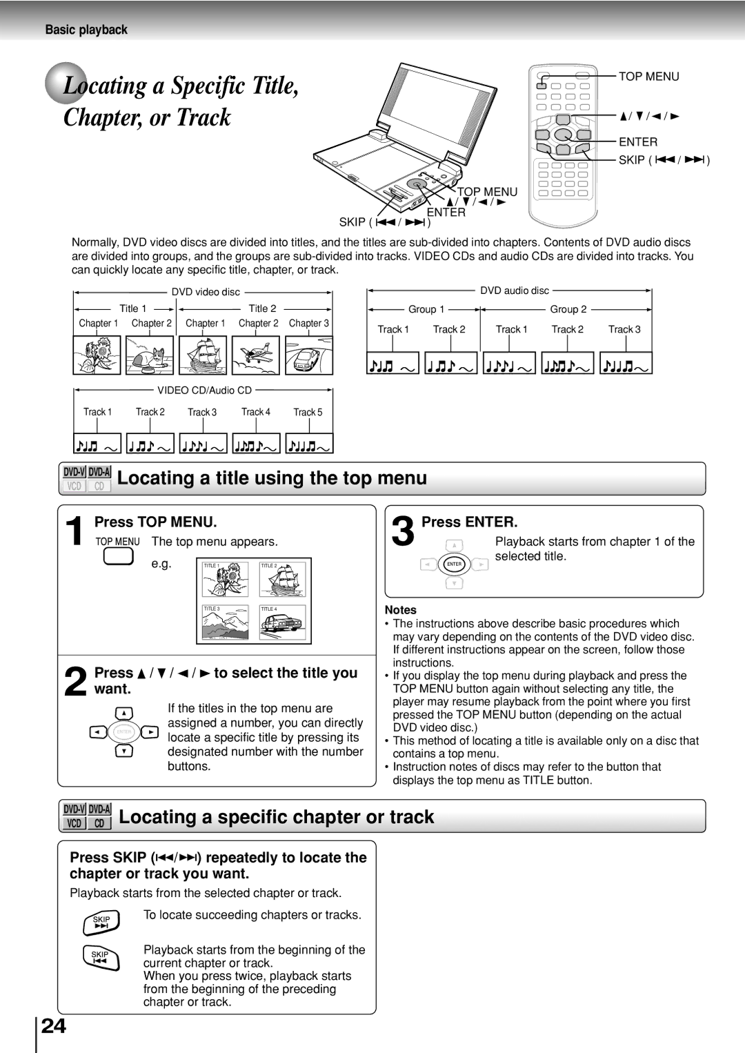 Toshiba SD-P2800SE DVD-VDVD-ALocating a title using the top menu, VCD CD Locating a specific chapter or track, Press Enter 