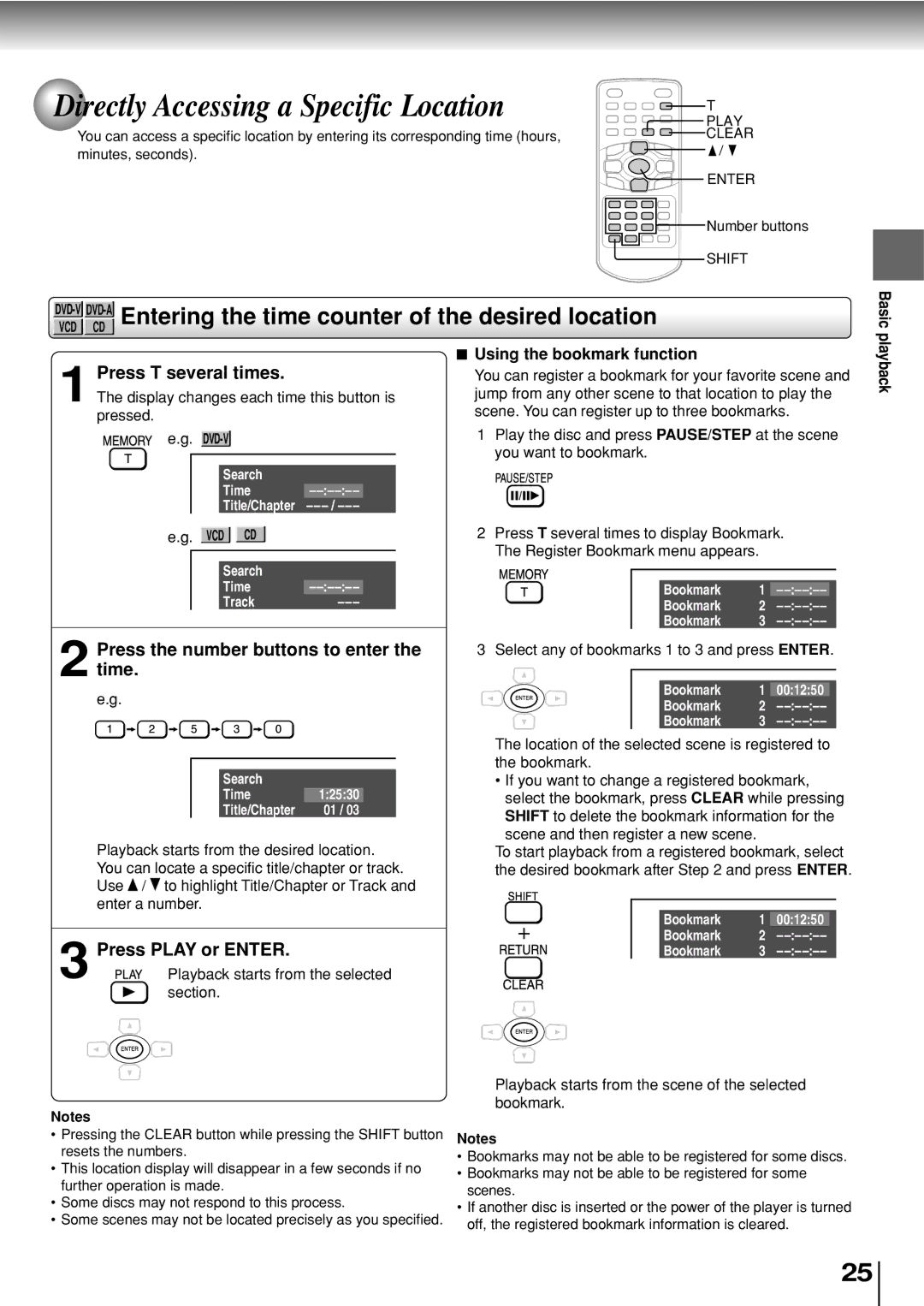 Toshiba SD-P2800SE Directly Accessing a Specific Location, Press the number buttons to enter the time, Press Play or Enter 