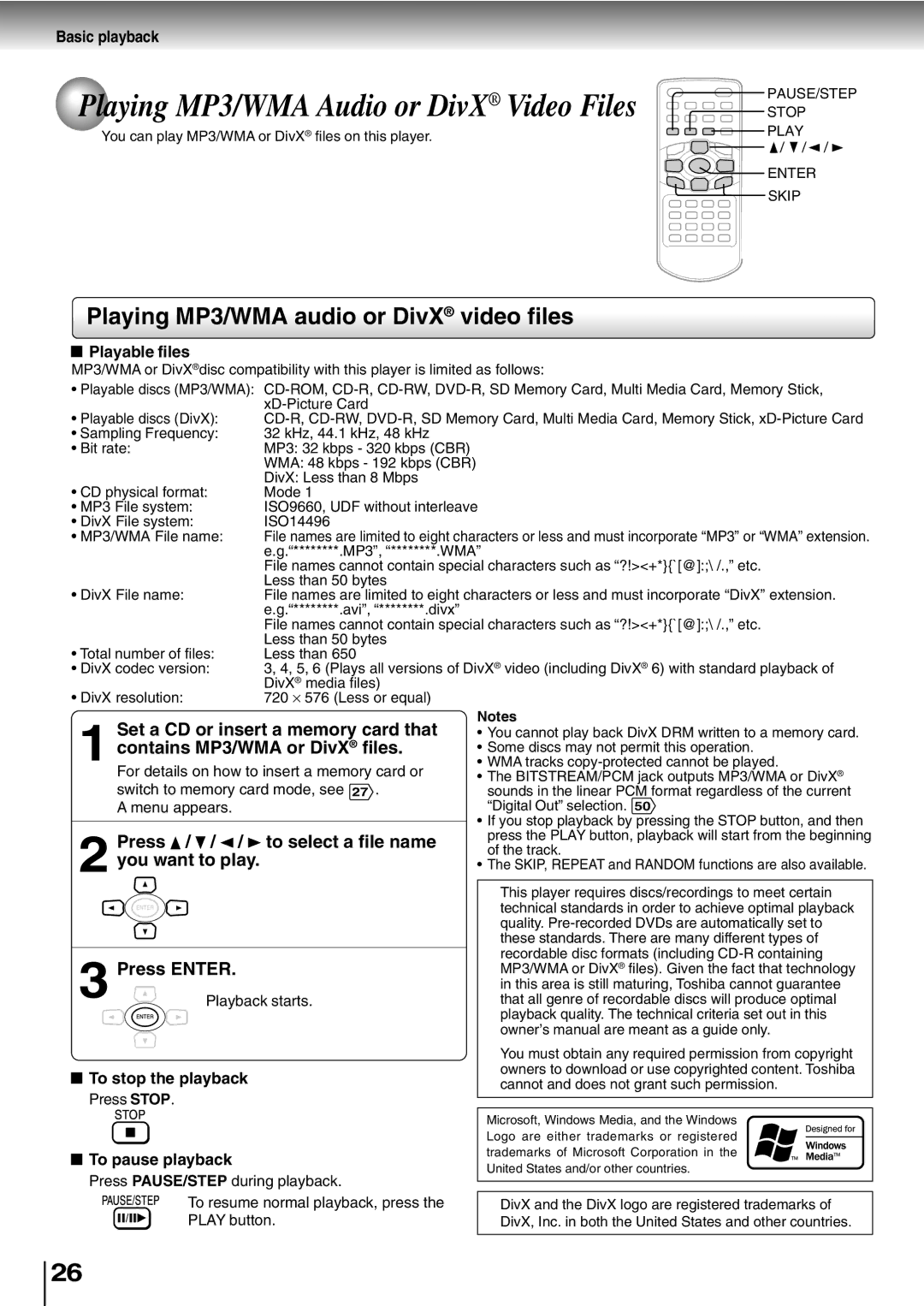 Toshiba SD-P2800SE Playing MP3/WMA audio or DivX video files, Playable files, To stop the playback, To pause playback 