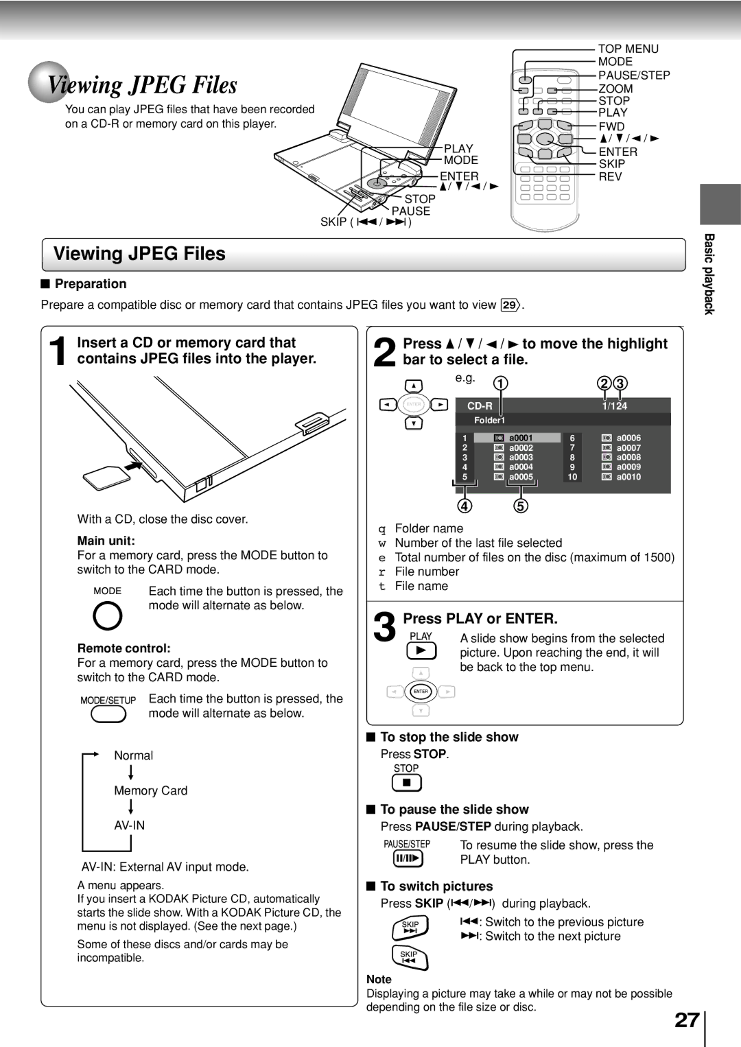 Toshiba SD-P2800SE owner manual Viewing Jpeg Files 