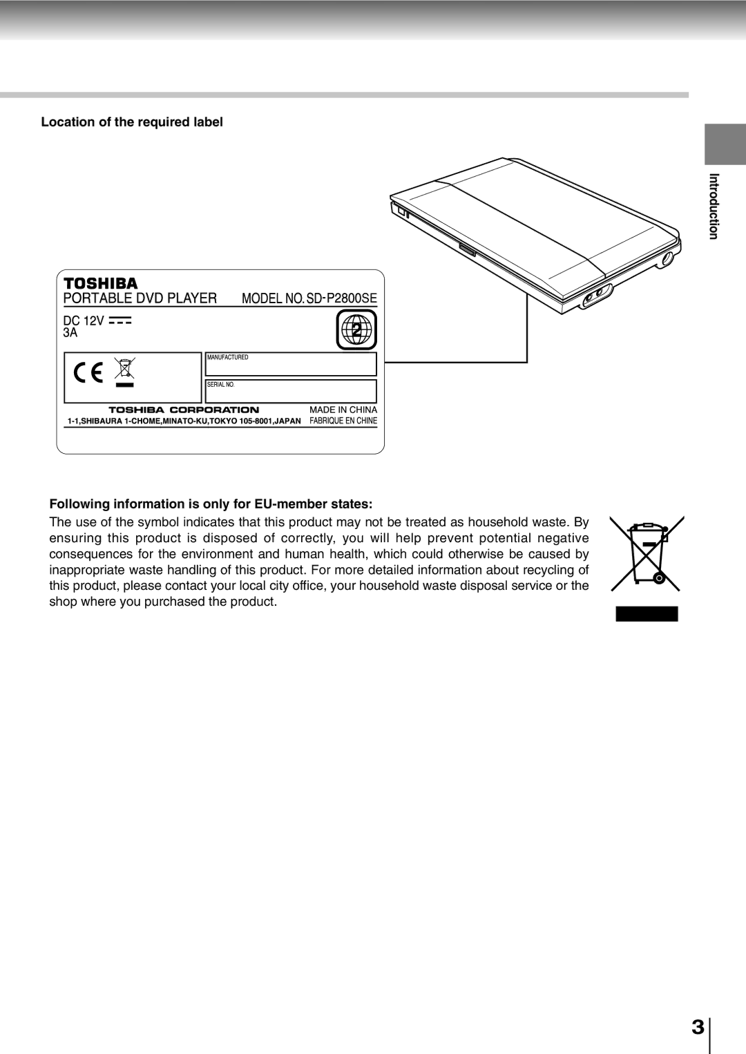 Toshiba SD-P2800SE Location of the required label, Following information is only for EU-member states, Introduction 