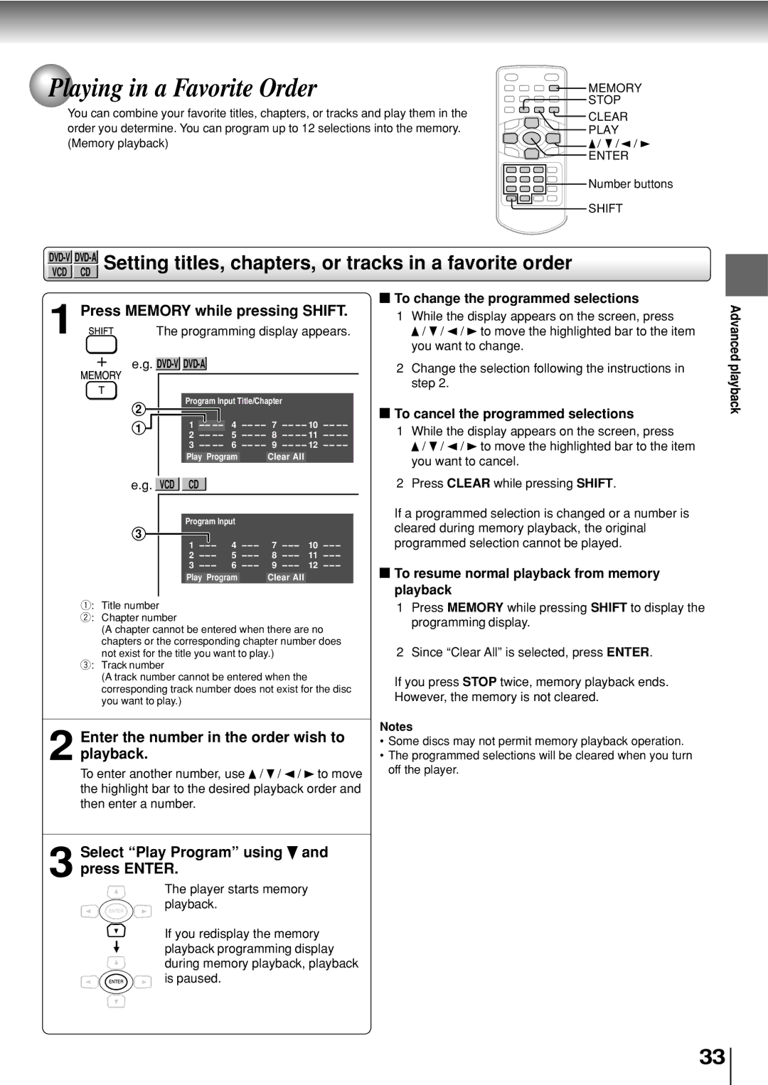 Toshiba SD-P2800SE owner manual Playing in a Favorite Order, Press Memory while pressing Shift 