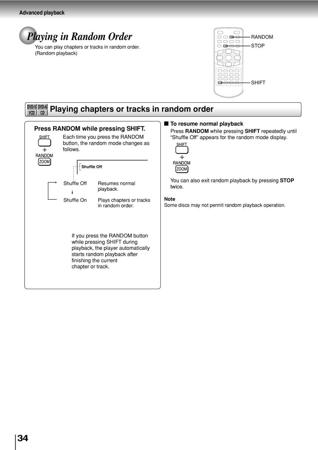 Toshiba SD-P2800SE owner manual Playing in Random Order, DVD-VDVD-APlaying chapters or tracks in random order 