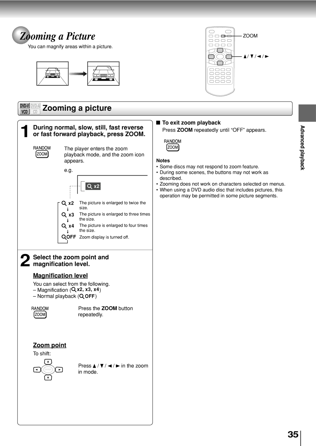 Toshiba SD-P2800SE owner manual Zooming a Picture, DVD-VDVD-AZooming a picture, Zoom point, To exit zoom playback 