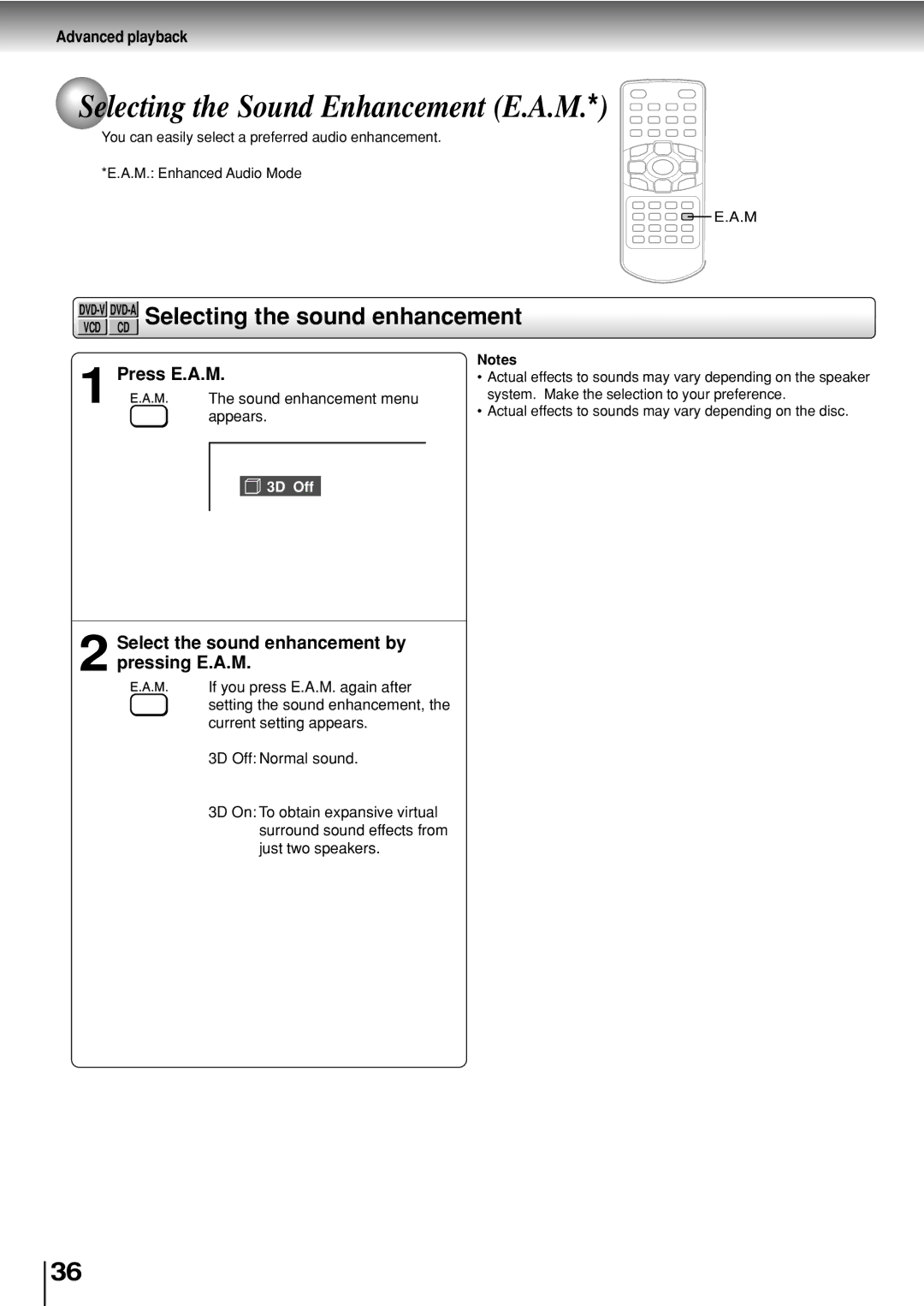 Toshiba SD-P2800SE Selecting the Sound Enhancement E.A.M, DVD-V DVD-A Selecting the sound enhancement, Press E.A.M 