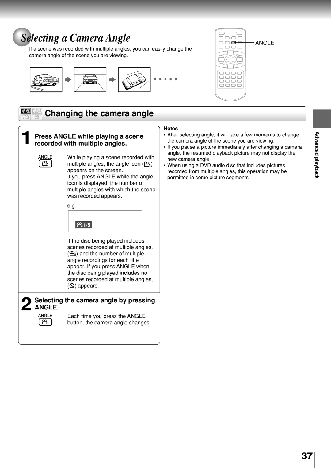 Toshiba SD-P2800SE Selecting a Camera Angle, DVD-VDVD-AChanging the camera angle, Selecting the camera angle by pressing 