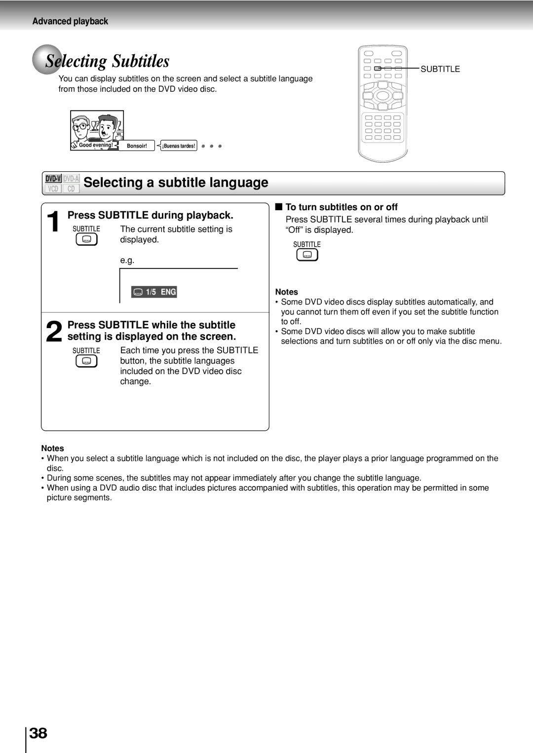 Toshiba SD-P2800SE owner manual Selecting Subtitles, Press Subtitle during playback, To turn subtitles on or off 