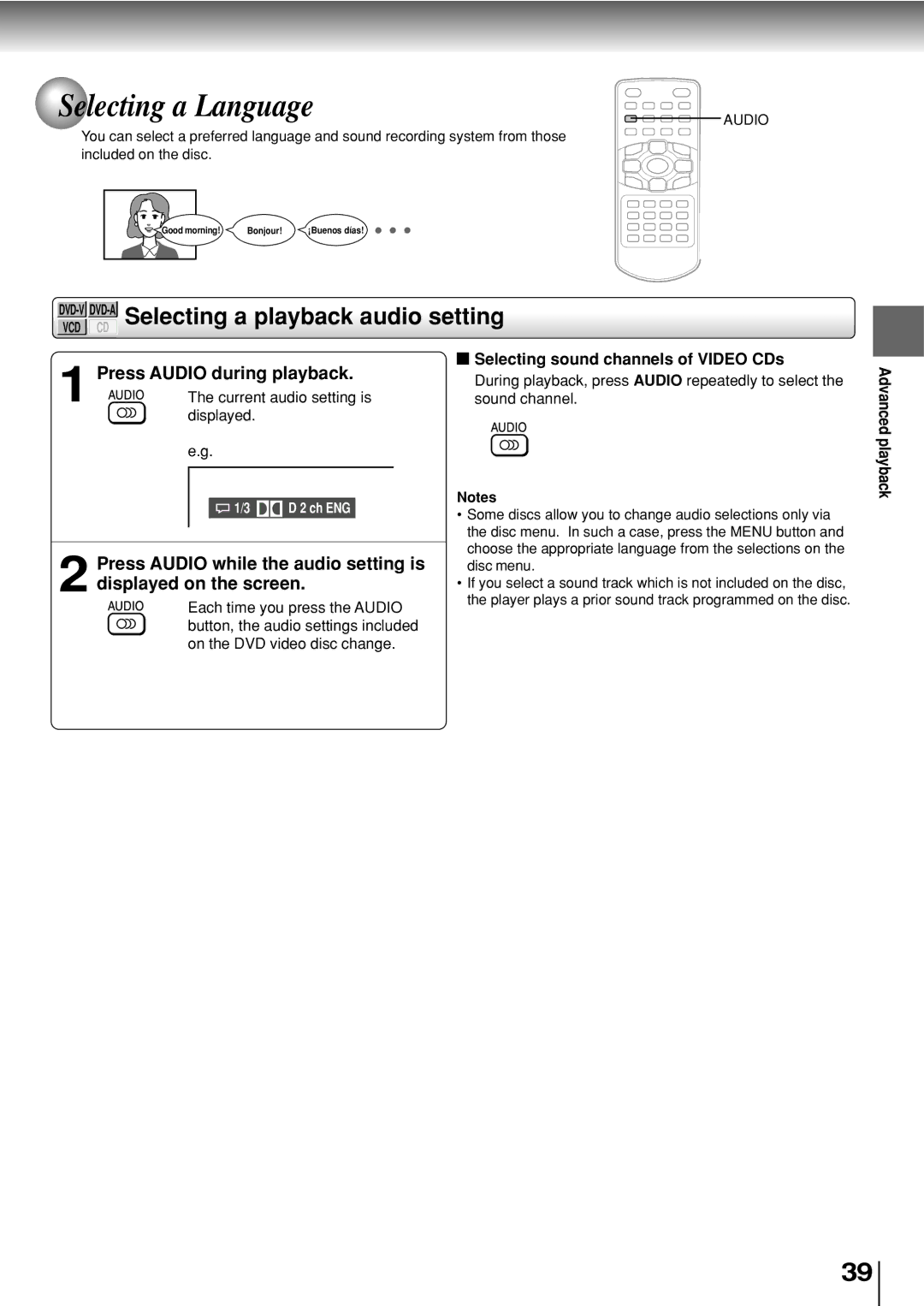 Toshiba SD-P2800SE Selecting a Language, DVD-VDVD-ASelecting a playback audio setting, Press Audio during playback 