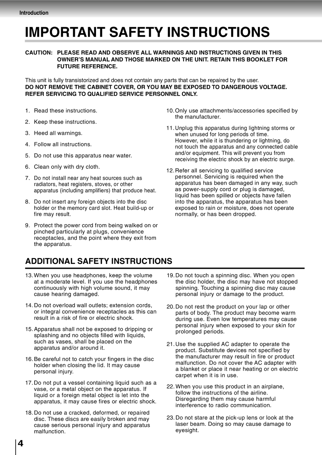 Toshiba SD-P2800SE owner manual Important Safety Instructions 