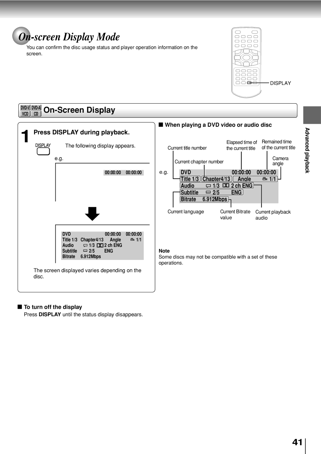 Toshiba SD-P2800SE owner manual On-screen Display Mode, DVD-VDVD-AOn-Screen Display 