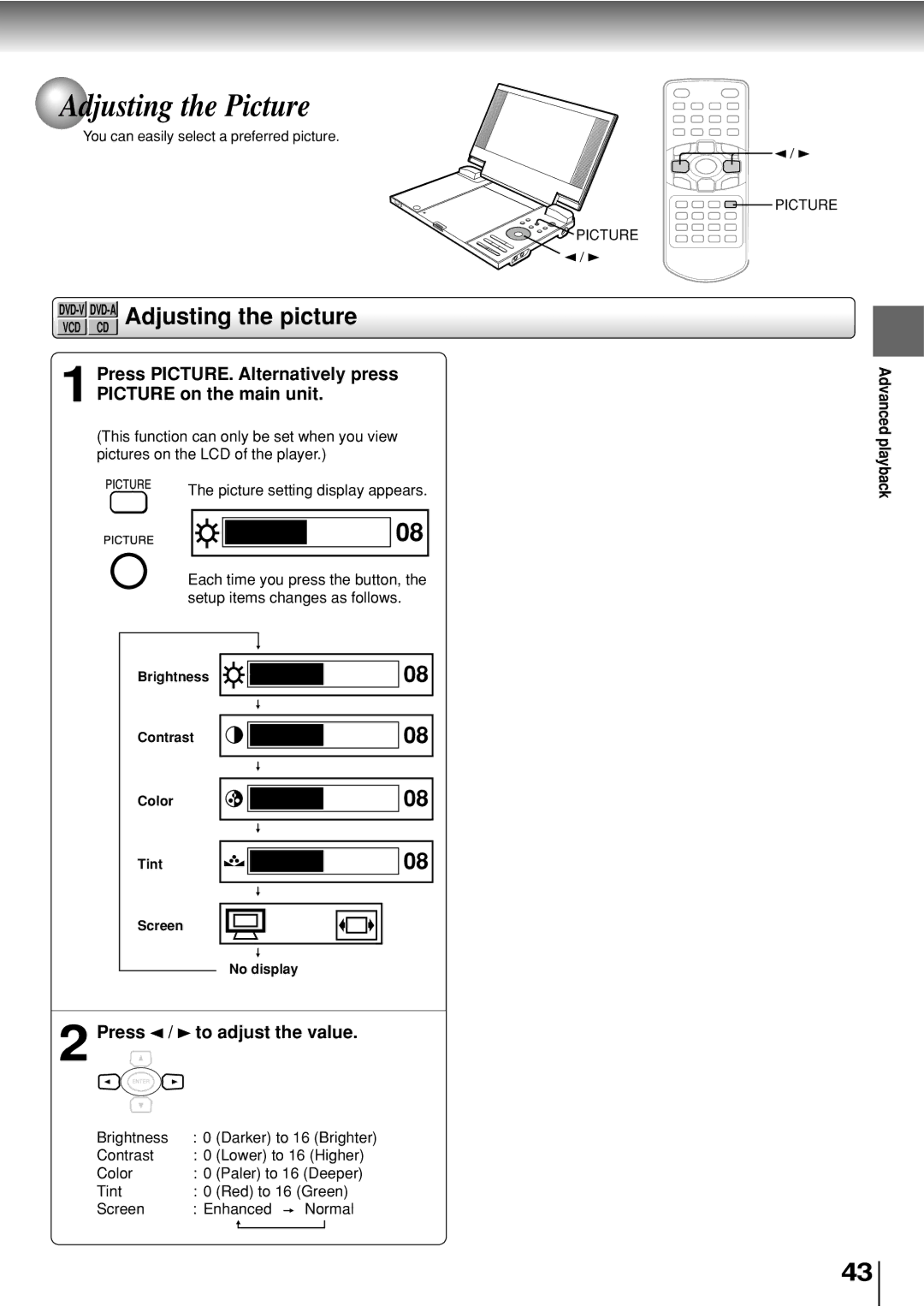 Toshiba SD-P2800SE owner manual Adjusting the Picture, DVD-VDVD-AAdjusting the picture, Press To adjust the value 