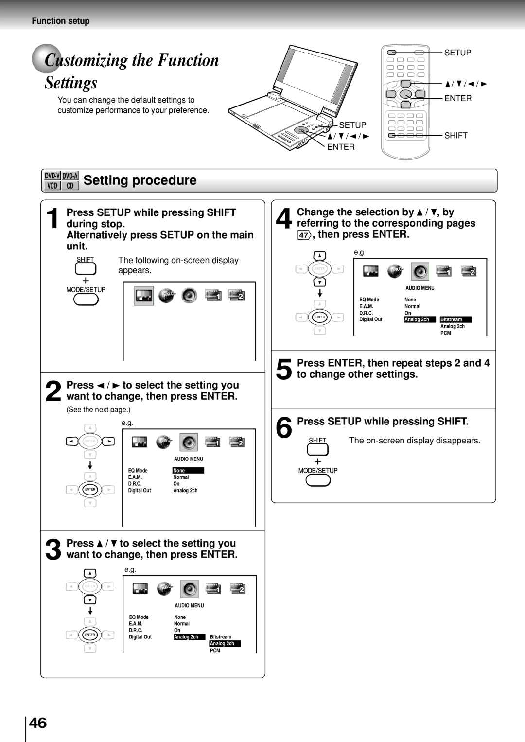 Toshiba SD-P2800SE Customizing the Function Settings, DVD-VDVD-ASetting procedure, Press / to select the setting you 