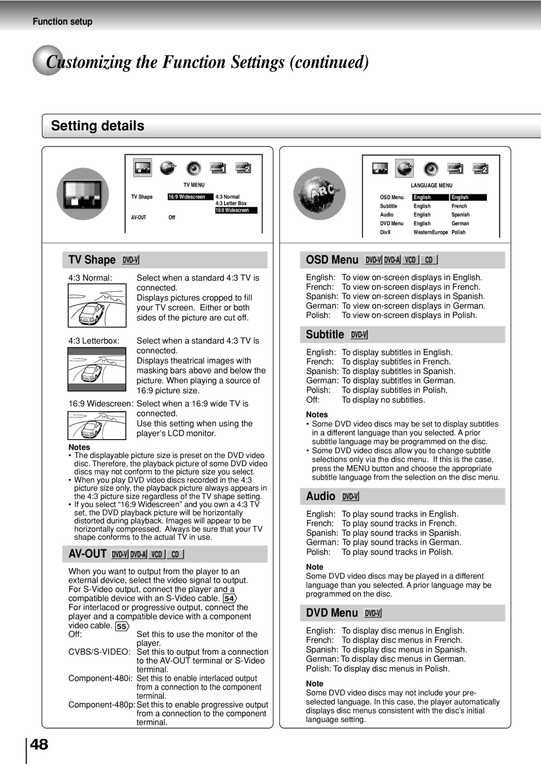 Toshiba SD-P2800SE owner manual Setting details, TV Menu Language Menu 