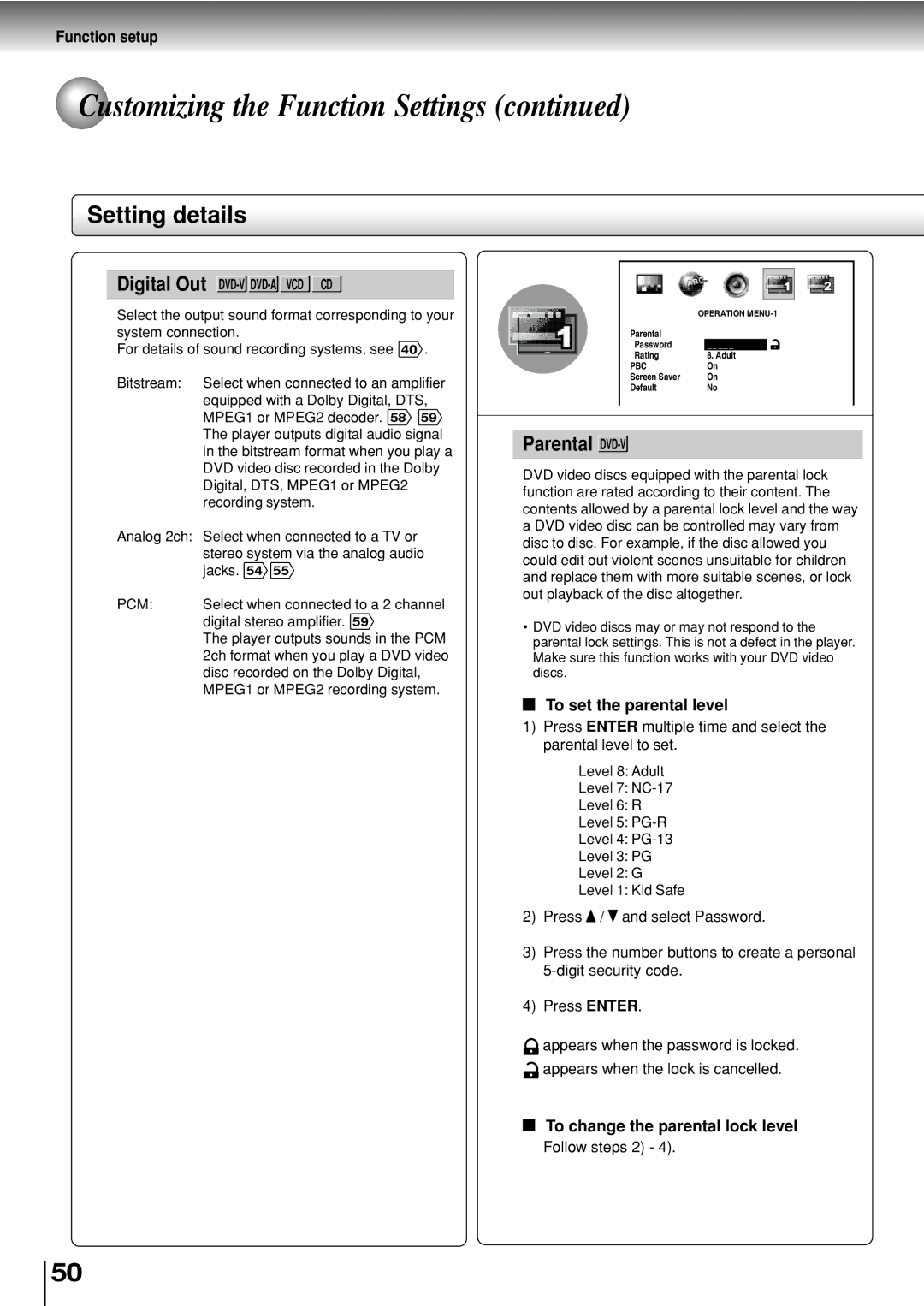 Toshiba SD-P2800SE To set the parental level, To change the parental lock level, Digital Out DVD-V DVD-A VCD CD, Pcm 