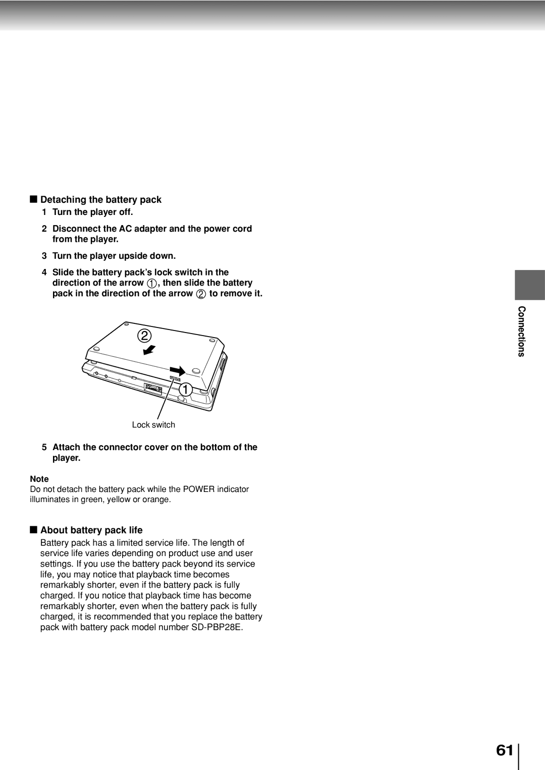 Toshiba SD-P2800SE owner manual Detaching the battery pack, About battery pack life 