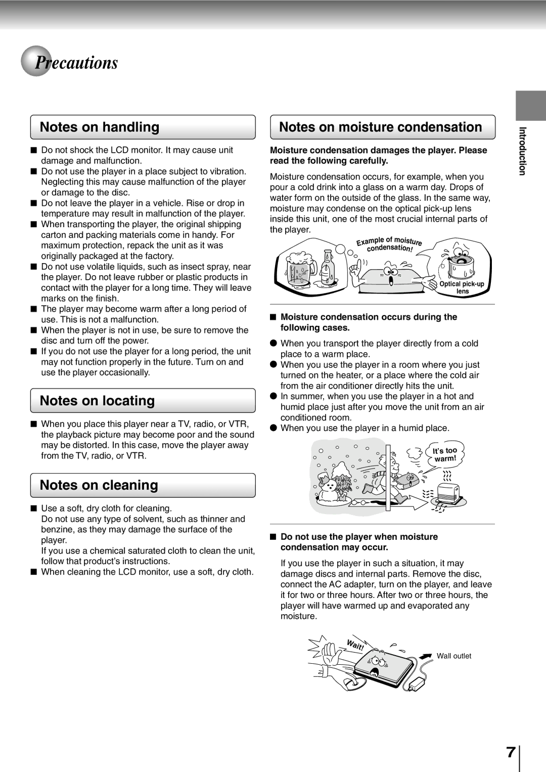 Toshiba SD-P2800SE owner manual Precautions, Wait, Moisture condensation occurs during the following cases 