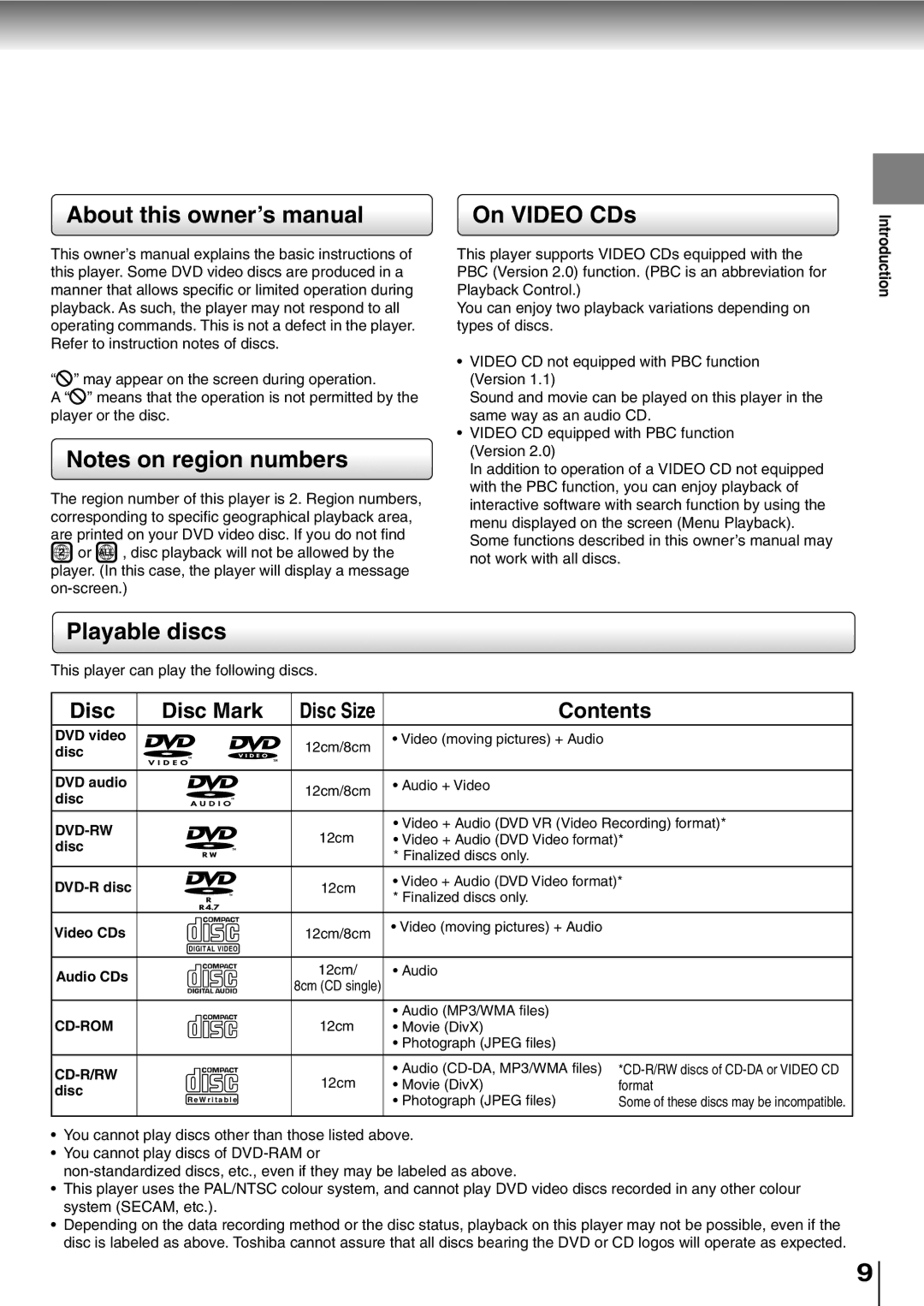 Toshiba SD-P2800SE owner manual On Video CDs, Playable discs 