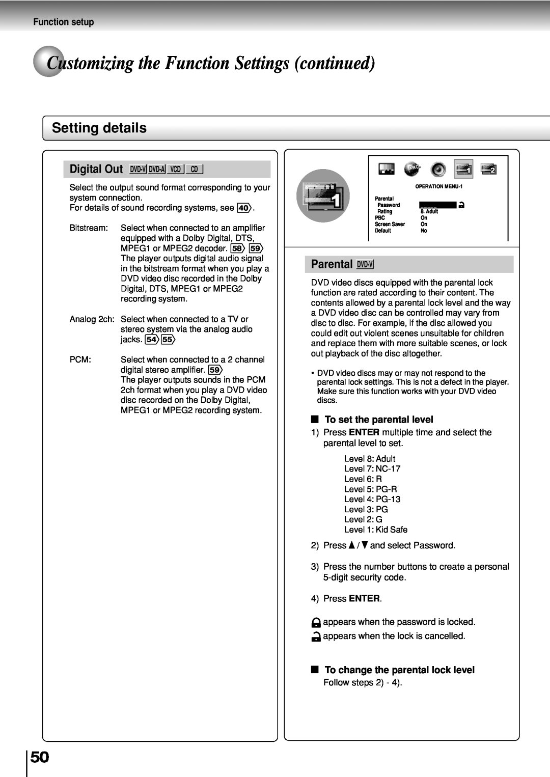 Toshiba SD-P2800SE Customizing the Function Settings continued, Setting details, Parental DVD-V, Function setup 