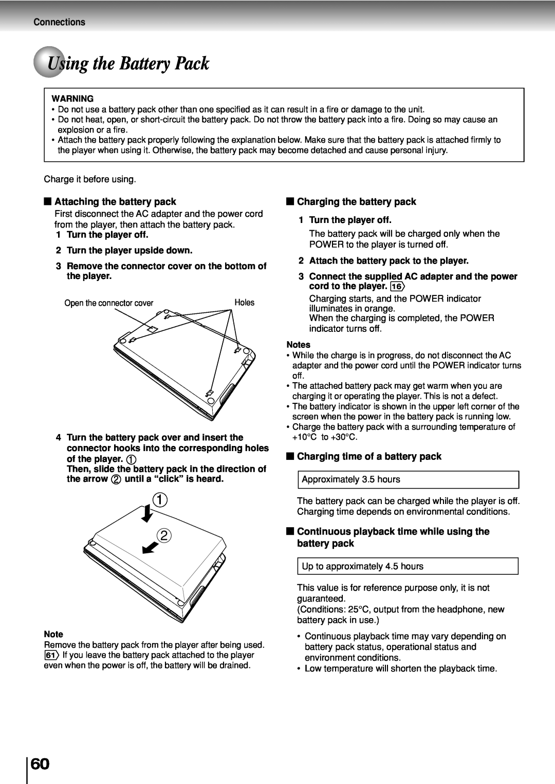 Toshiba SD-P2800SE owner manual Using the Battery Pack, Connections, Attaching the battery pack, Charging the battery pack 