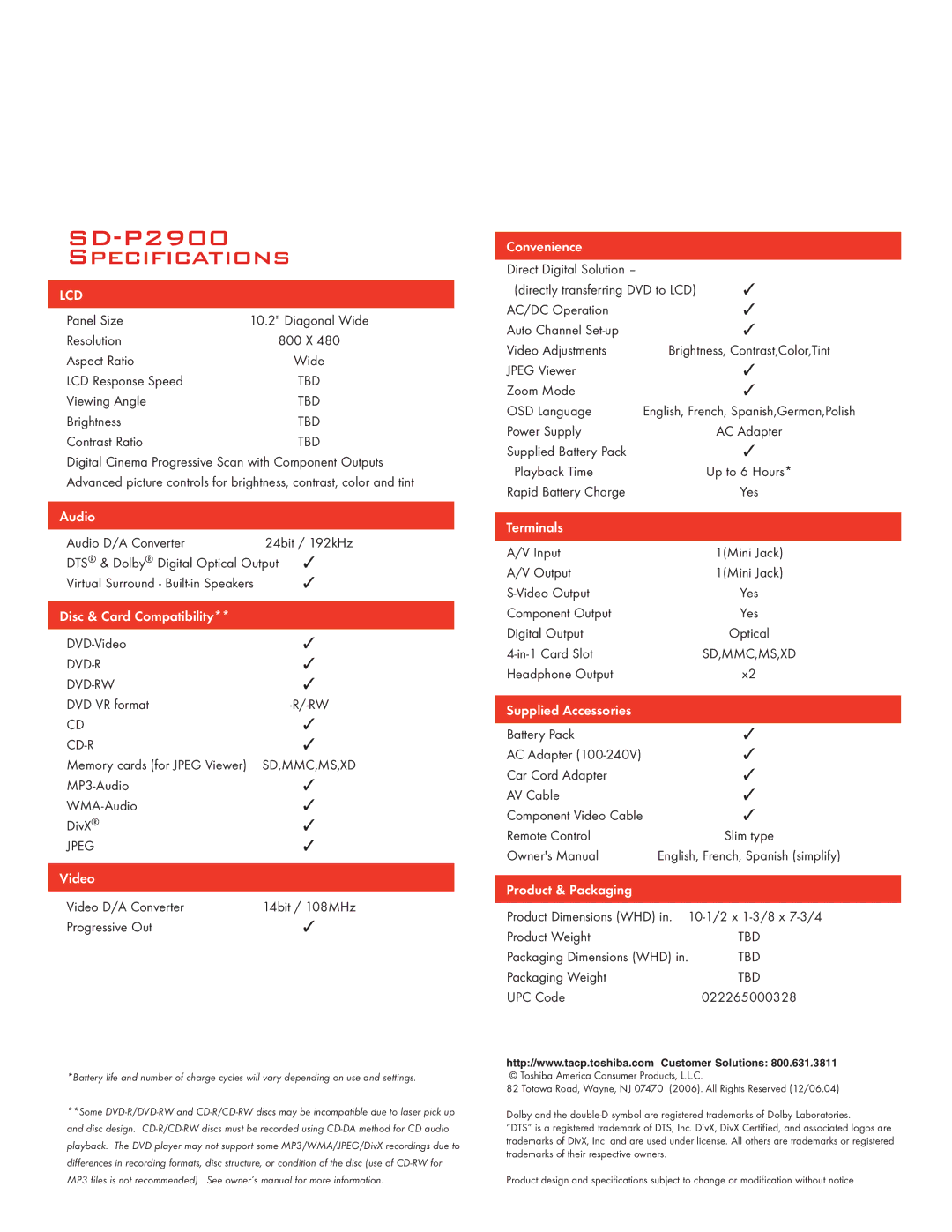 Toshiba manual SD-P2900 Specifications 