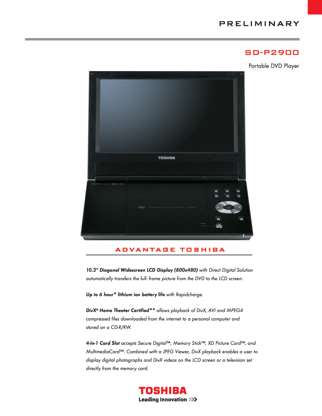 Toshiba SD-P2900 manual Preliminary, Advantage Toshiba, Portable DVD Player 