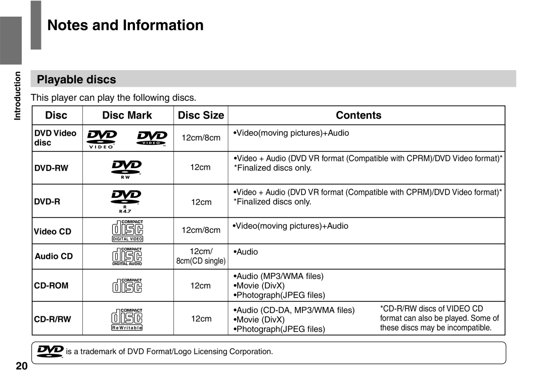 Toshiba SD-P2900SR owner manual Playable discs, Disc Disc Mark Disc Size Contents 