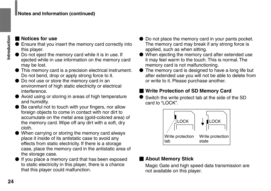 Toshiba SD-P2900SR owner manual Write Protection of SD Memory Card, About Memory Stick 