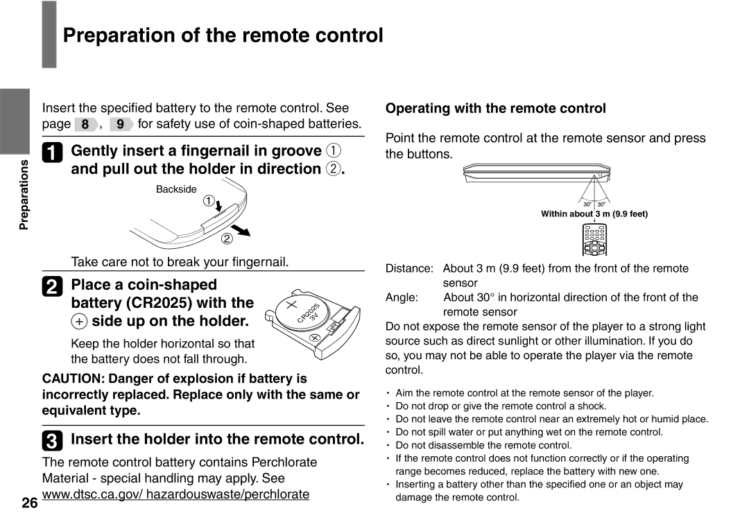 Toshiba SD-P2900SR owner manual Preparation of the remote control, Gently insert a ﬁngernail in groove q 