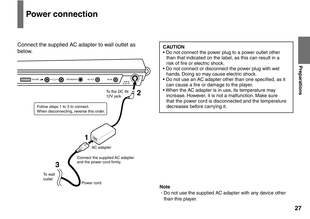 Toshiba SD-P2900SR owner manual Power connection, Connect the supplied AC adapter to wall outlet as below 