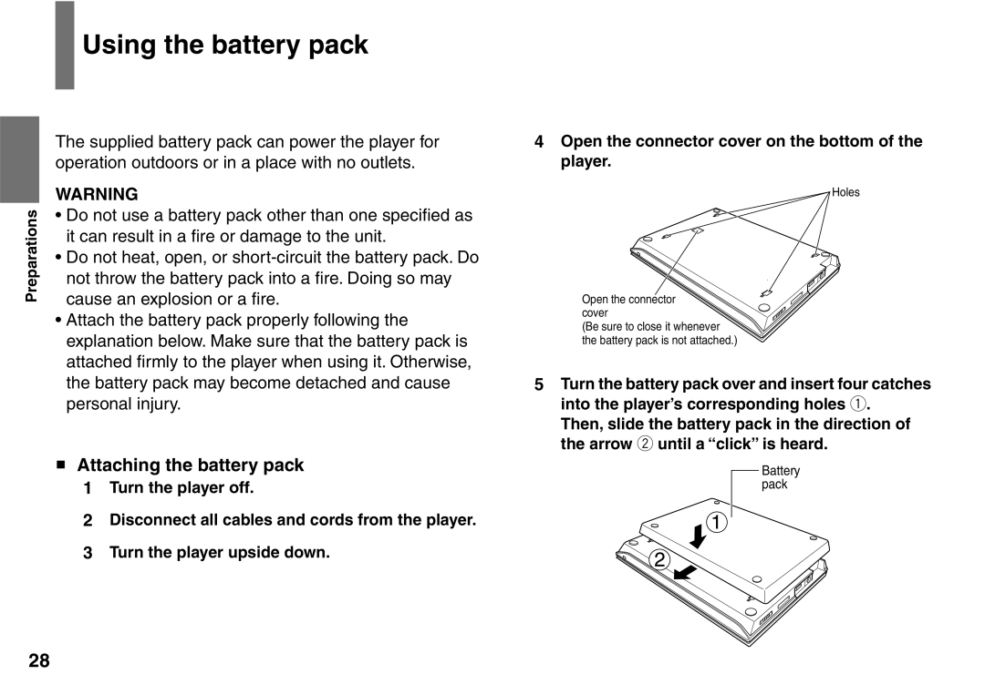 Toshiba SD-P2900SR owner manual Using the battery pack, Attaching the battery pack 