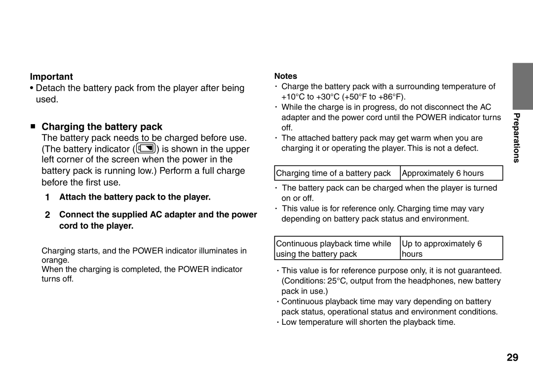 Toshiba SD-P2900SR owner manual Charging the battery pack, Detach the battery pack from the player after being used 