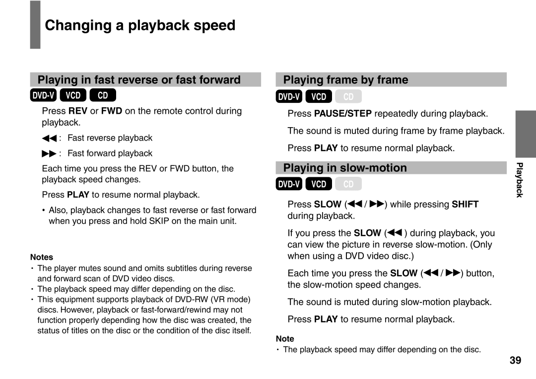 Toshiba SD-P2900SR owner manual Changing a playback speed, Playing in fast reverse or fast forward, Playing frame by frame 