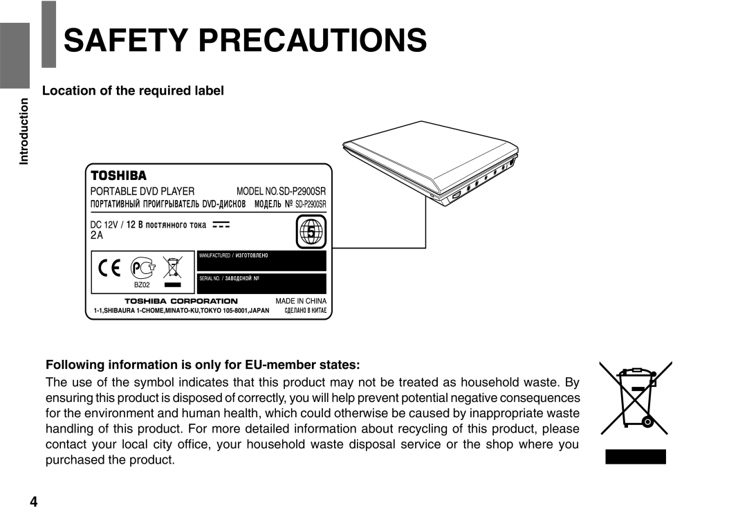 Toshiba SD-P2900SR owner manual Location of the required label, Following information is only for EU-member states 