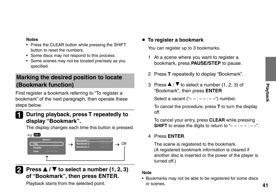 Toshiba SD-P2900SR owner manual Marking the desired position to locate Bookmark function, Bookmark, then press Enter 