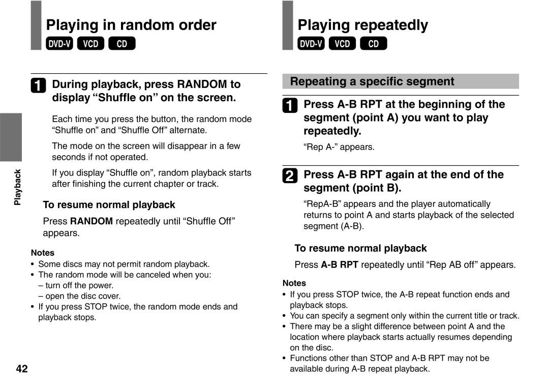 Toshiba SD-P2900SR Playing in random order, Playing repeatedly, Repeating a speciﬁc segment, To resume normal playback 