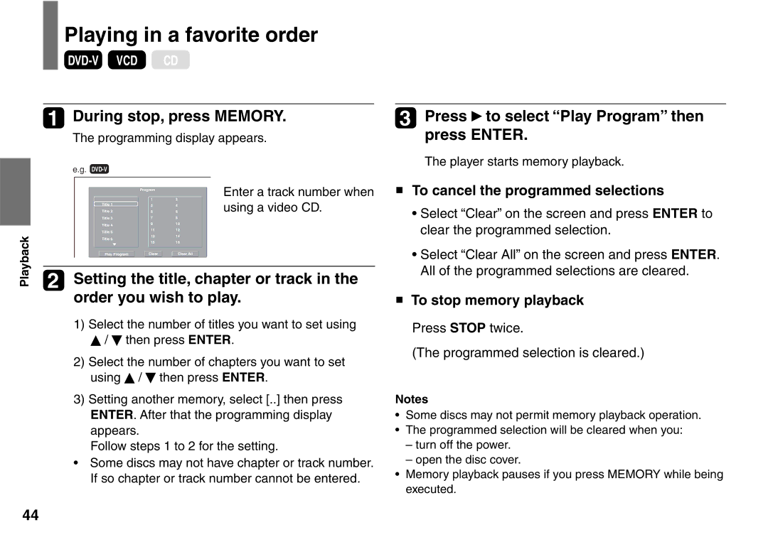 Toshiba SD-P2900SR Playing in a favorite order, During stop, press Memory, Press to select Play Program then press Enter 