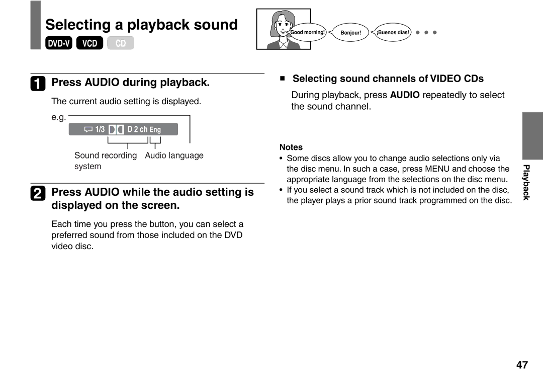 Toshiba SD-P2900SR Selecting a playback sound, Press Audio during playback, Selecting sound channels of Video CDs 