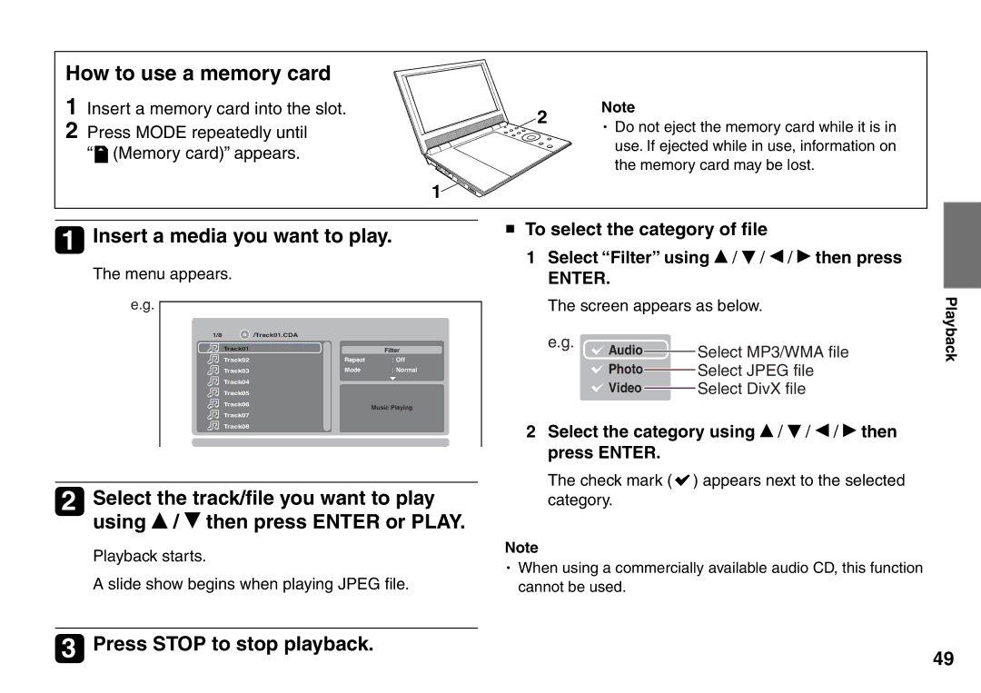 Toshiba SD-P2900SR owner manual How to use a memory card, Insert a media you want to play, To select the category of ﬁle 