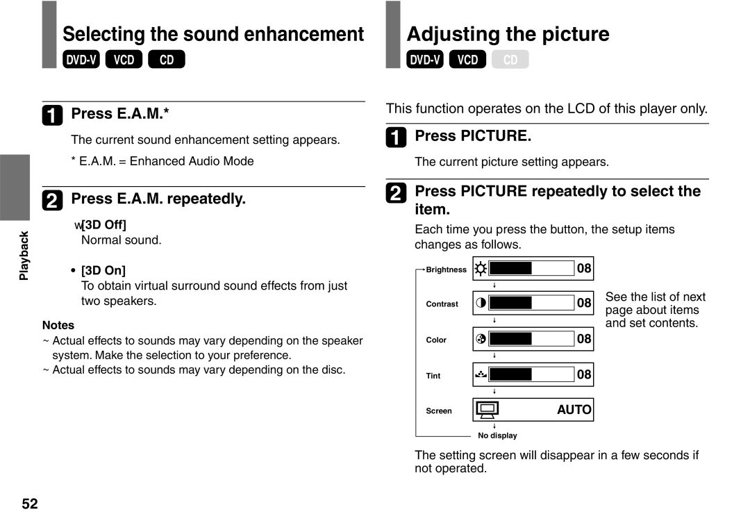 Toshiba SD-P2900SR owner manual Adjusting the picture, Press E.A.M. repeatedly, Press Picture 