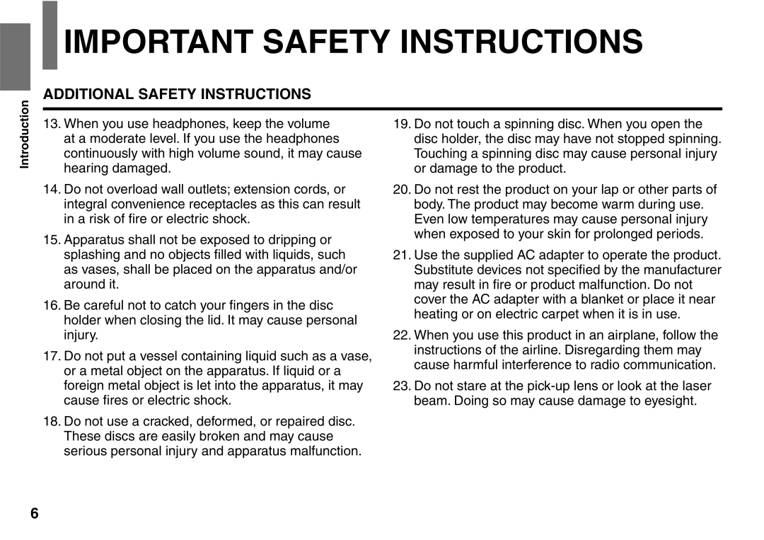 Toshiba SD-P2900SR owner manual Additional Safety Instructions 