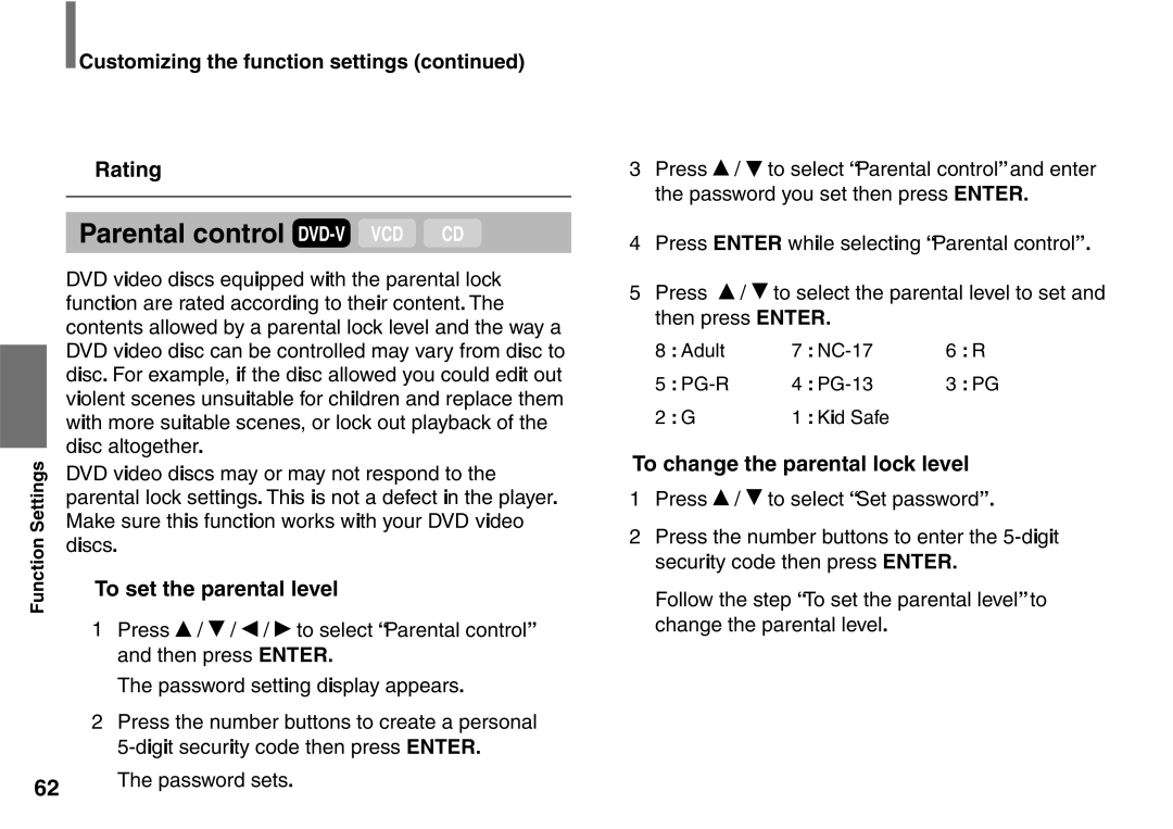 Toshiba SD-P2900SR owner manual Rating, To set the parental level, To change the parental lock level 