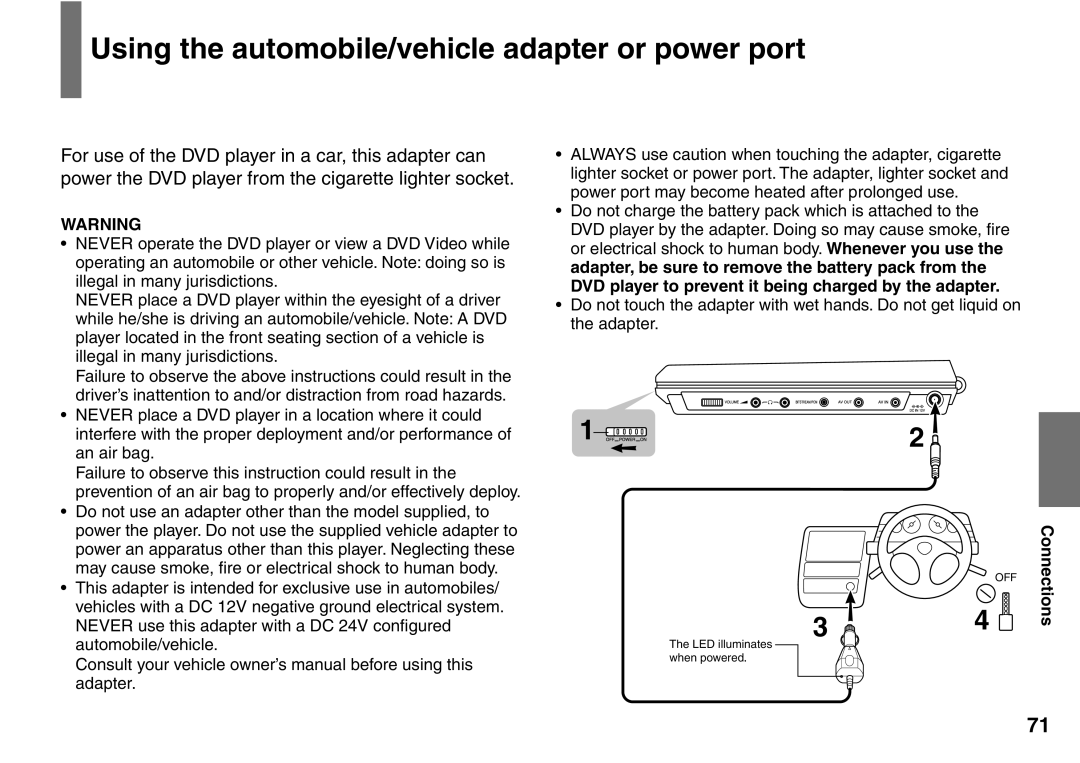 Toshiba SD-P2900SR owner manual Using the automobile/vehicle adapter or power port 