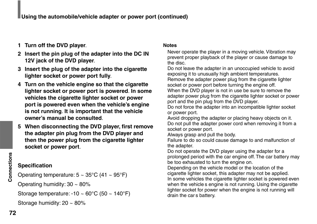 Toshiba SD-P2900SR owner manual Using the automobile/vehicle adapter or power port 