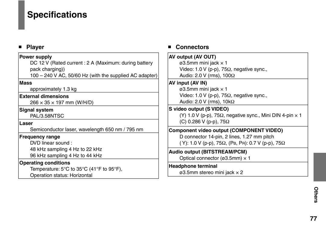 Toshiba SD-P2900SR owner manual Speciﬁcations, Player, Connectors 