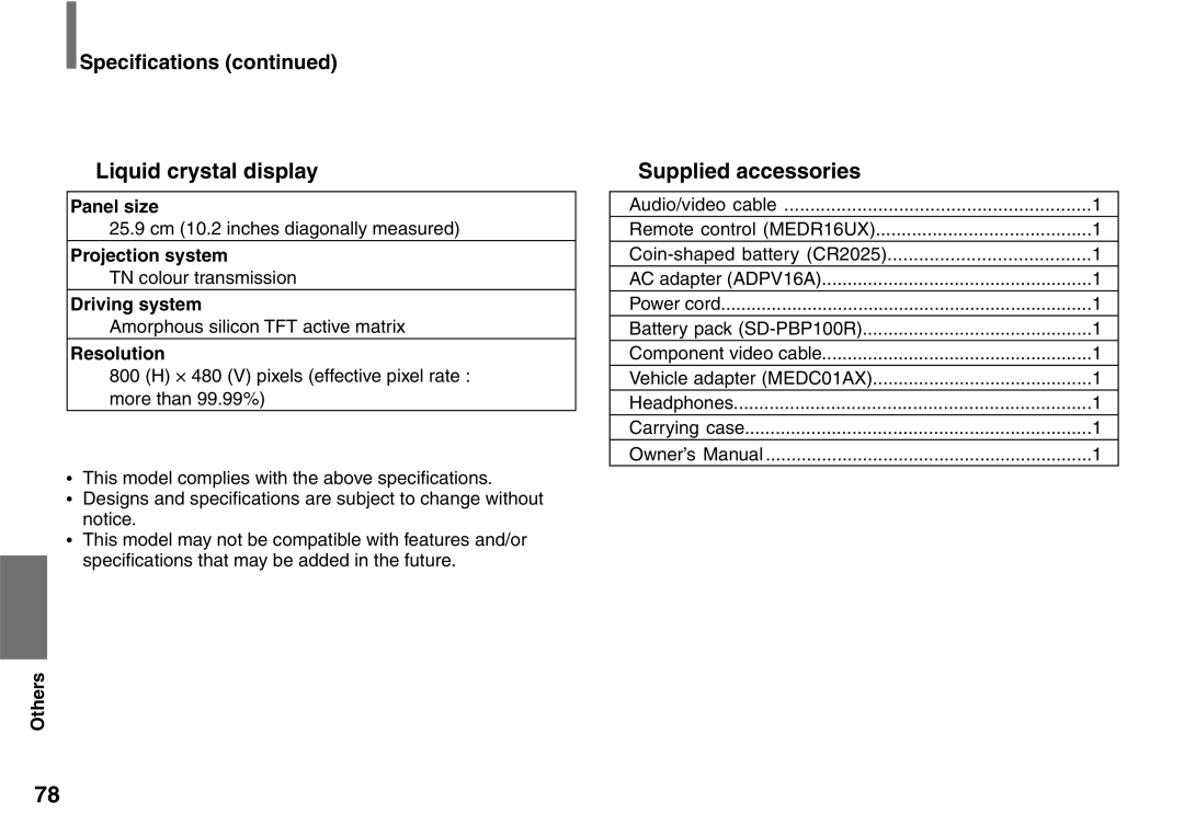 Toshiba SD-P2900SR owner manual Liquid crystal display, Supplied accessories, Speciﬁcations 