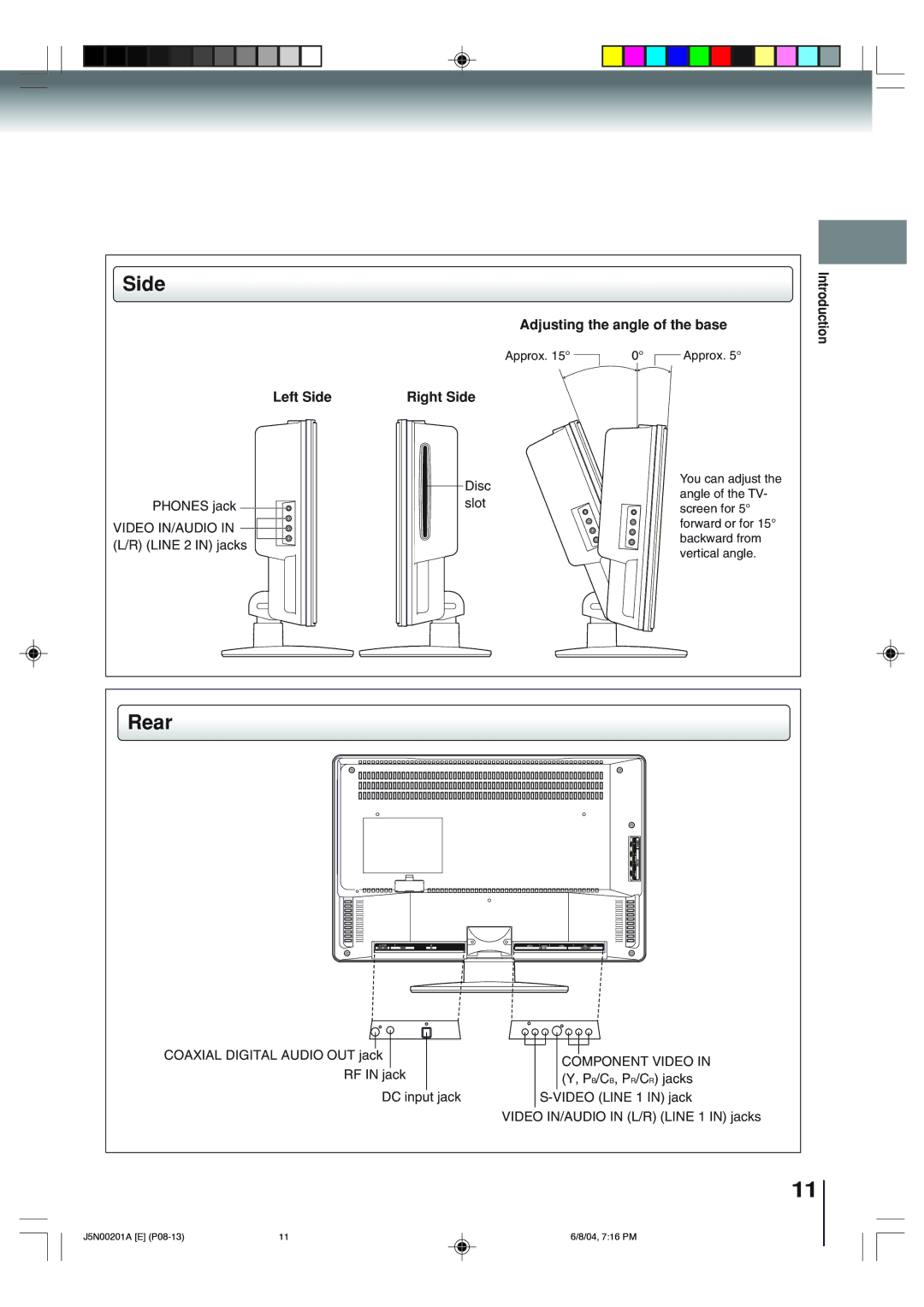 Toshiba SD-P4000 owner manual Rear, Left Side, Right Side, Adjusting the angle of the base 