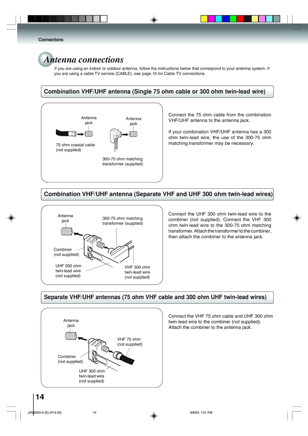 Toshiba SD-P4000 owner manual Antenna connections, Connections 